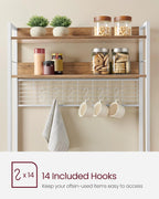 VASAGLE Hutch Bakers Rack with Power Outlet, 14 Hooks Microwave Stand, Adjustable Coffee Bar with Metal Wire Panel, Kitchen Storage Shelf, 15.7 x 31.5 x 66.9 Inches, Rustic Walnut and White UKKS025W41