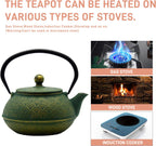 900ml Cast Iron Tea Kettle,SECHUDO Teapot Coated with Enameled Interior for Loose Leaf, Small Cast Iron Teapot with Strainer for Stovetop Safe, Green Iron Kettle(30.4oz)