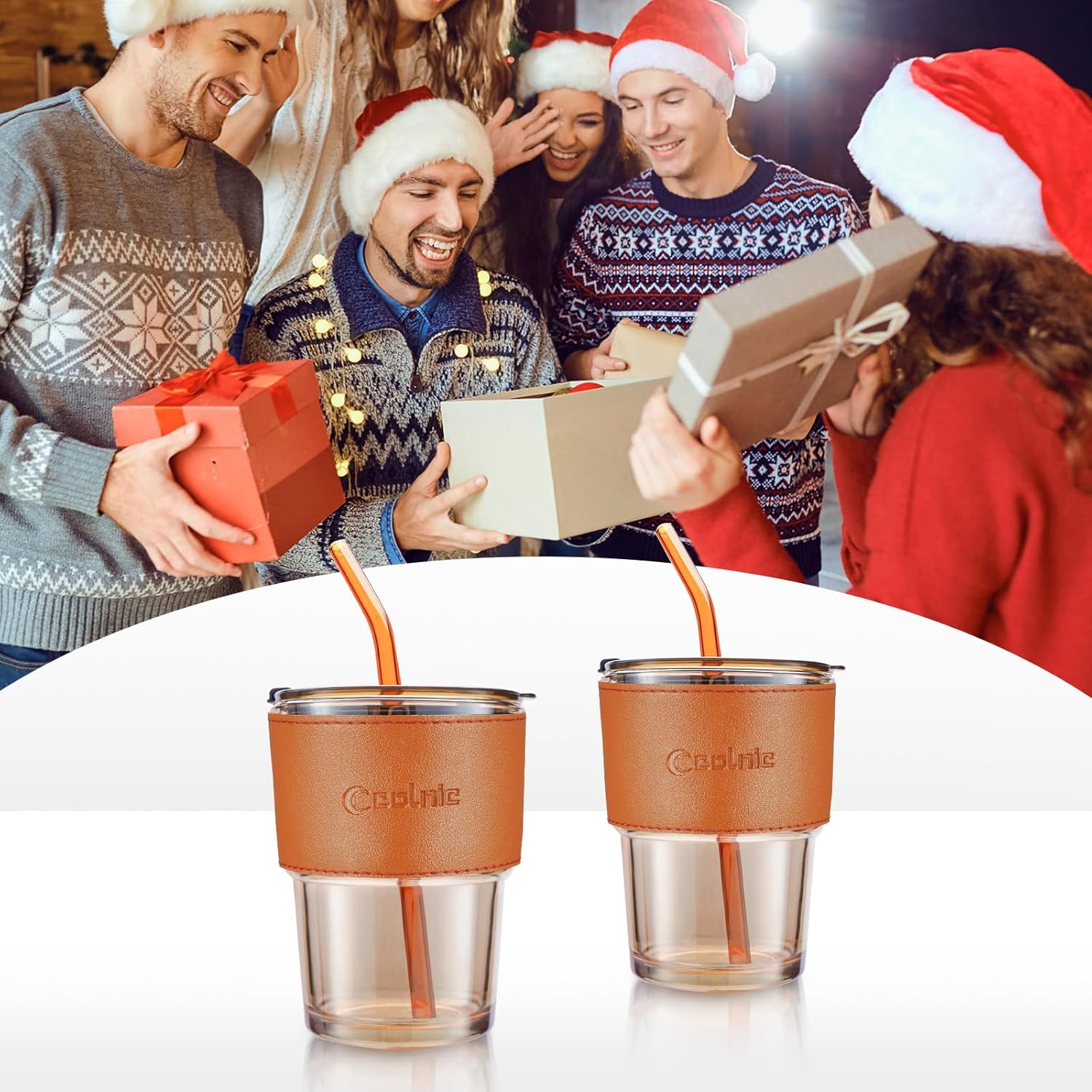 Iced Coffee Cup, 15Oz/450ml Glass Cups With Lids And Straws, Iced Coffee Glasses Tumbler, Thick Wall Glass Mug For Tea Water With 2 Straw And Leather Sleeve, Xmas Gifts (Amber 2PCS)