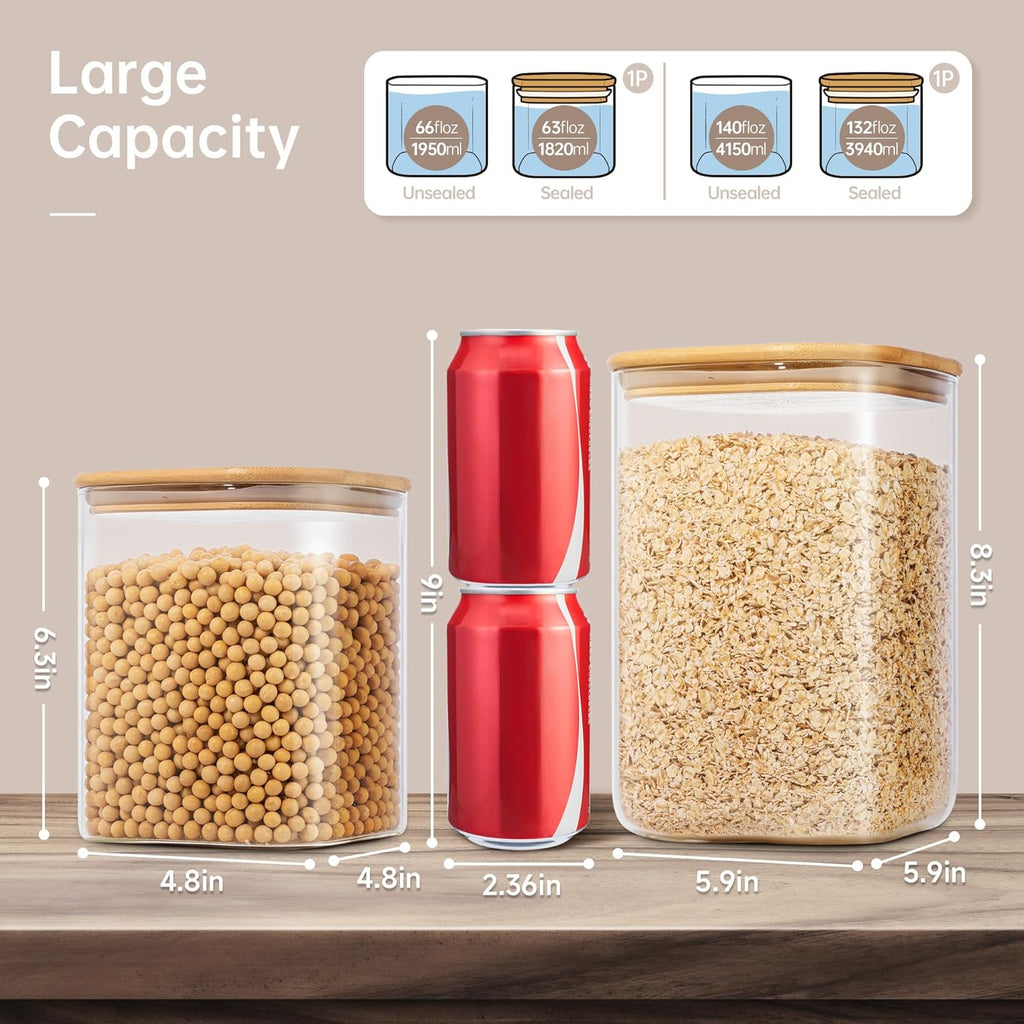 Extra Large Square Glass Flour & Sugar Storage Containers with Airtight Lids, 132 floz & 63 floz - 2 Pack Glass Jars with Bamboo Lids, Air tight Food Storage Containers for Cereal, Pasta, Rice