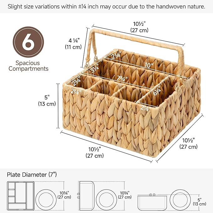 StorageWorks Wicker Silverware Organizer with Handle, Water Hyacinth Kitchen Utensil Holder, Large Utensil Holder for Kitchen Counter, Spoon Forks Cutlery Caddy, Paper Plate Dispenser for Countertop