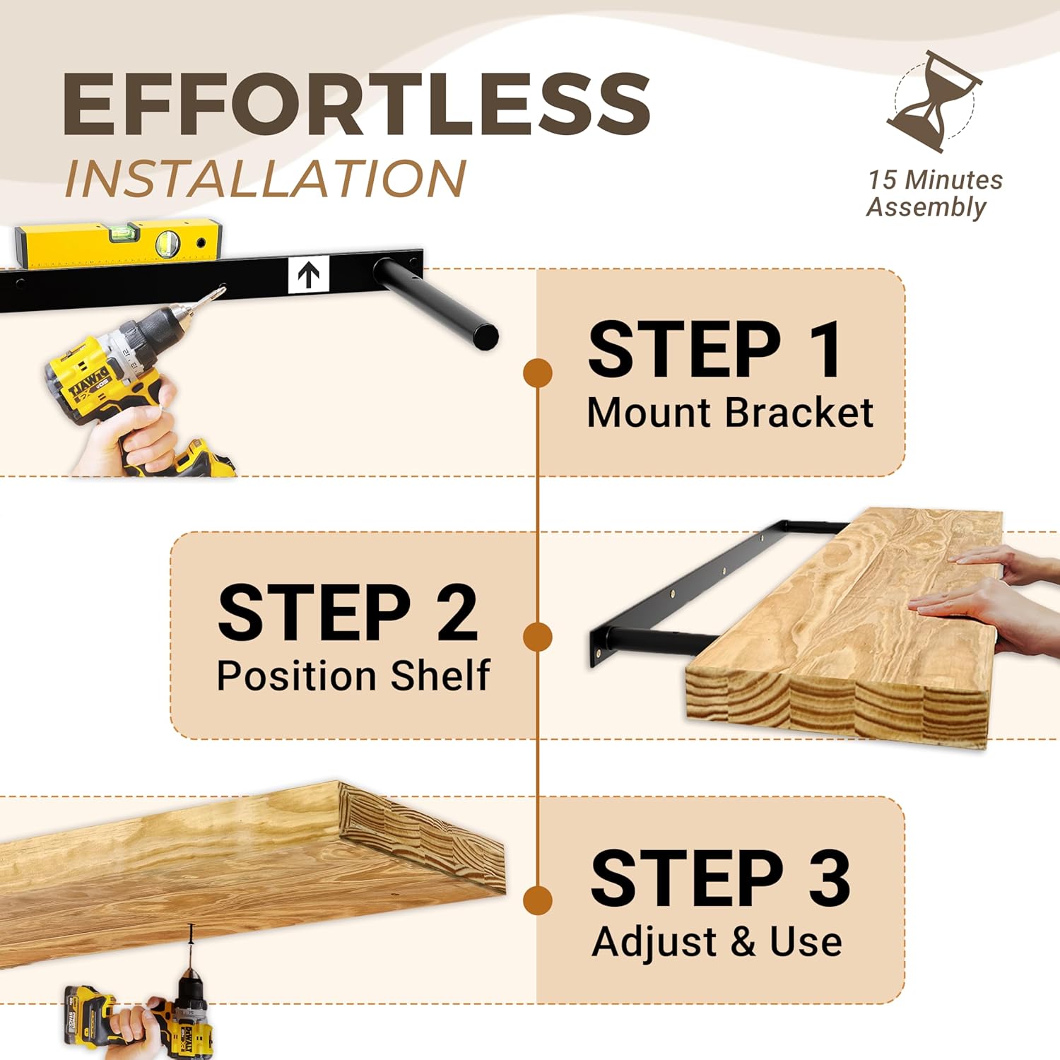 24'' Pine Wood Floating Shelves for Wall- Set of 2 - Rustic Wall Mounted Wooden Shelf for Stylish Home Décor (Dark Brown, 24x6.5x1.25), 2pcs