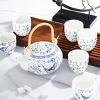 fanquare Chinese Blue and White Porcelain Tea Set with 1 Teapot Set, 6 Tea Cups, Butterfly Pattern Asian Japanese Tea Sets for Adults