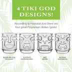 Final Touch Tiki Glasses Set of 4 - Kanaloa, Lono, Kū, Kāne Designs, 12 oz (355 ml), Clear, Stackable Totem Pole Storage, Durable Glassware for Tropical Cocktails (TK5303)