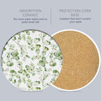 Table Coaster for Drinks Set of 6, Eucalyptus Leaf Flower Watercolor Round Ceramic Coasters,with Cork Base and Metal Holder,Great Housewarming Birthday Gifts,Home Decor