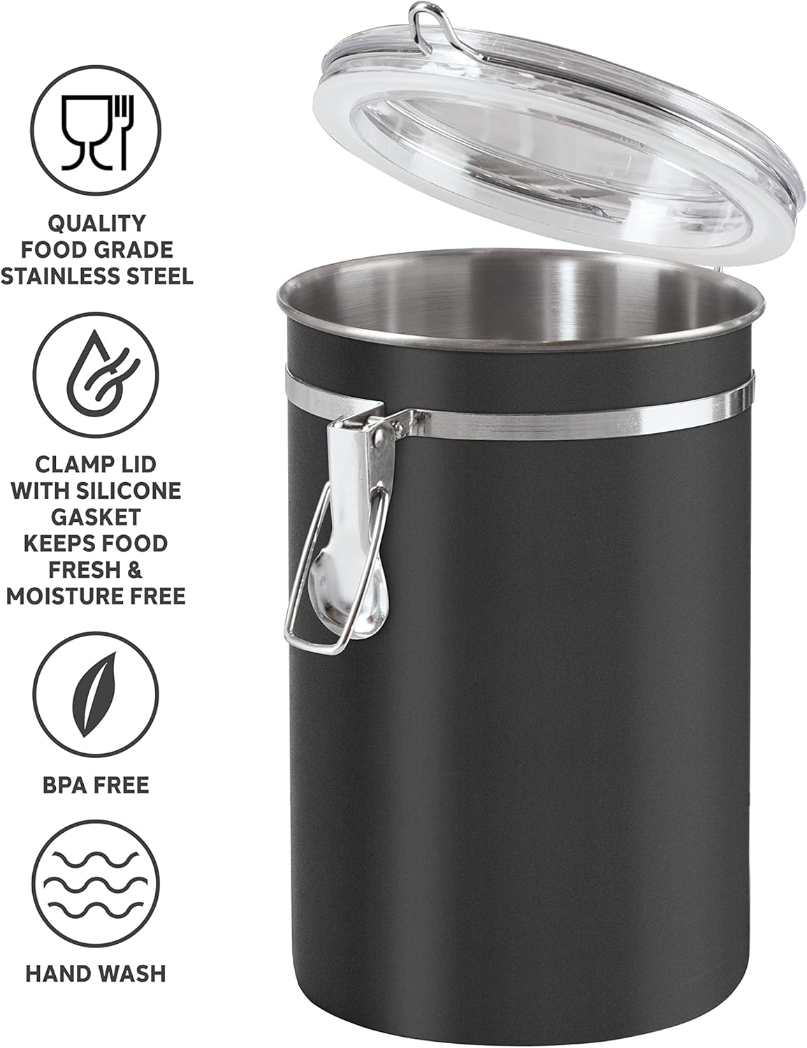 Oggi Stainless Steel Kitchen Canister 62 fl oz, Black - Airtight Clamp Lid, Clear See-Thru Top - Ideal for Kitchen Storage, Food Storage, Pantry Storage. Large Size 5" x 7.5".