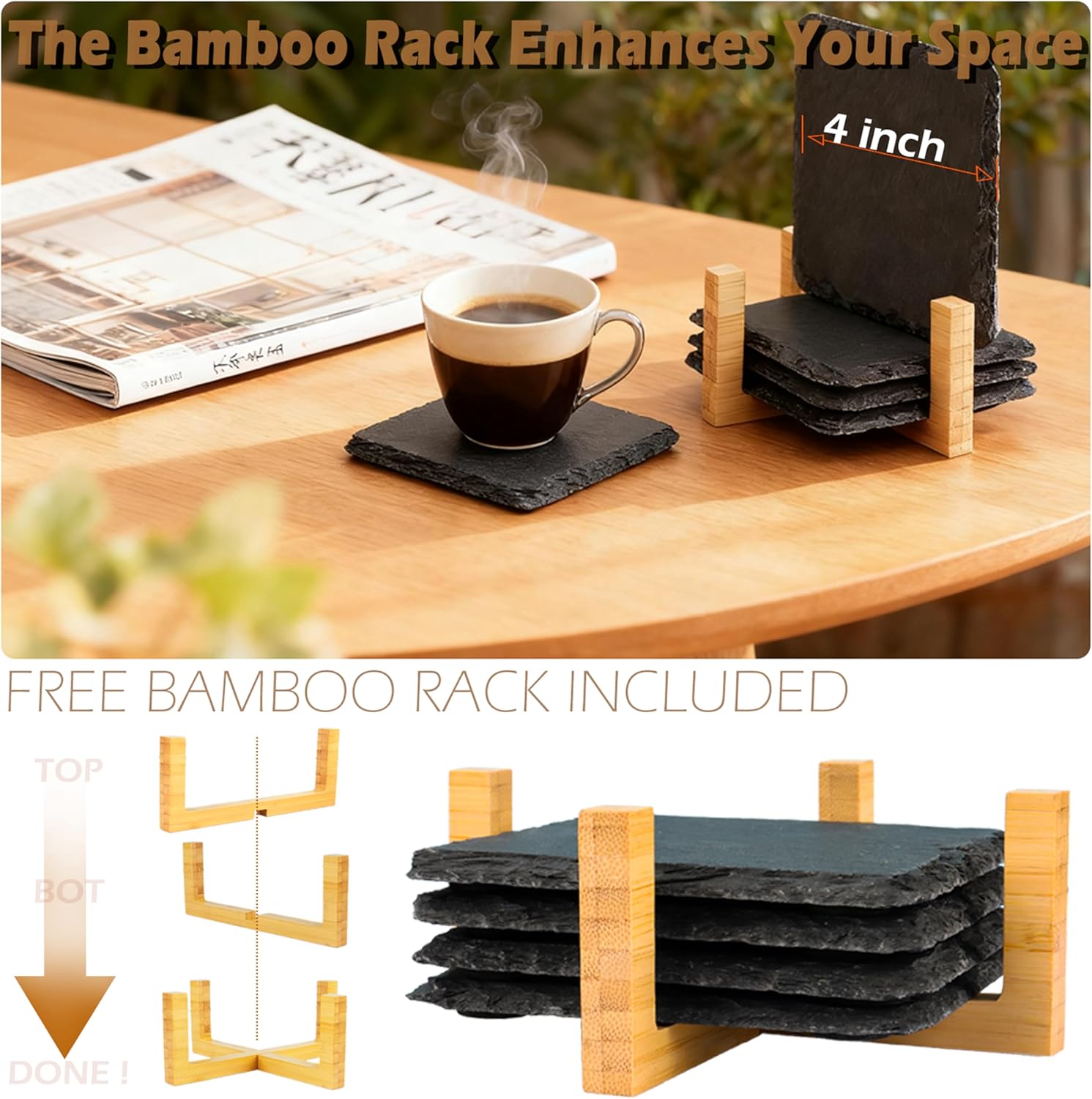 Black Natural Stone Coasters Set of 4, Sleek Minimalist Square Drink Coasters with Natural Edge, Durable Anti-Scratch Table Décor for Home, Kitchen, Bar & Office, Protects Wood & Glass Surfaces