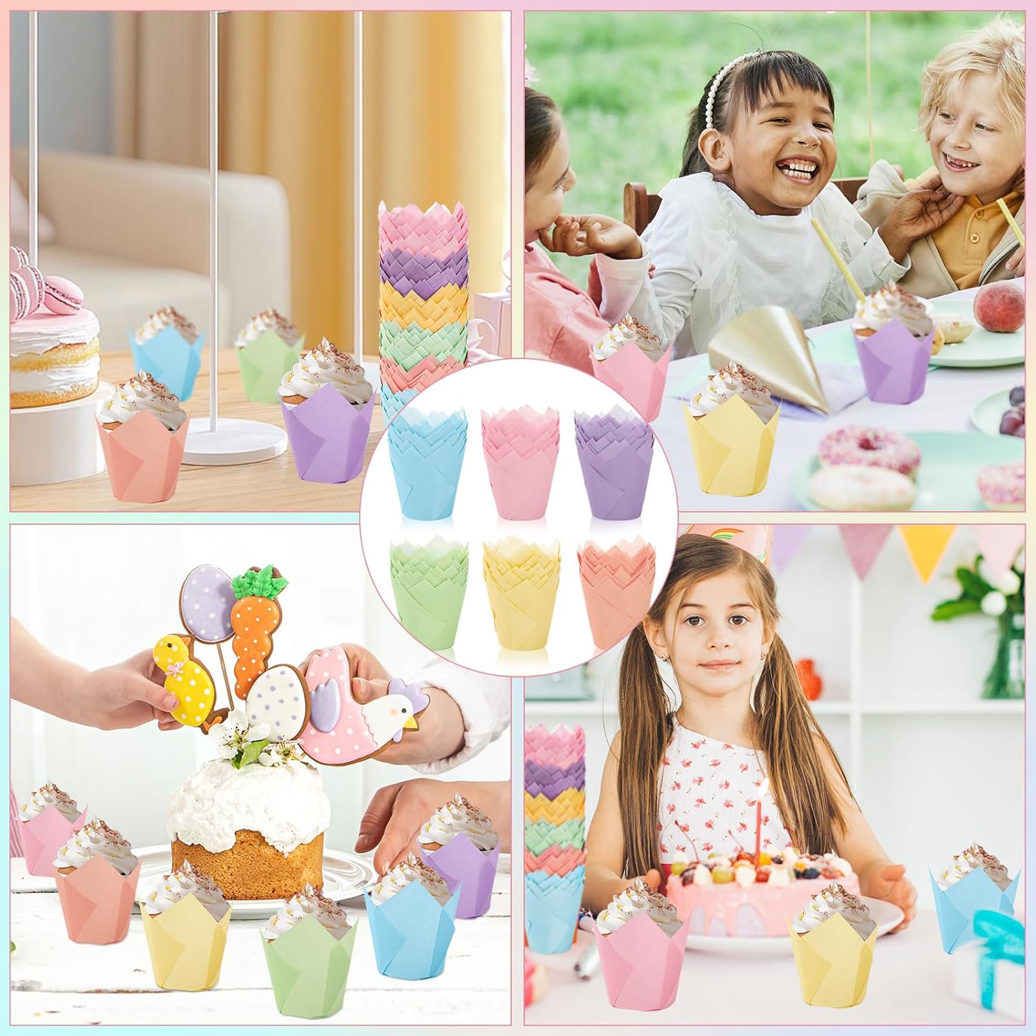 180Pcs Pastel Tulip Cupcake Liners Colorful Muffin Baking Cups Pink Blue Purple Yellow Orange Green Cupcake Wrappers for Spring Easter Holiday Party Supplies