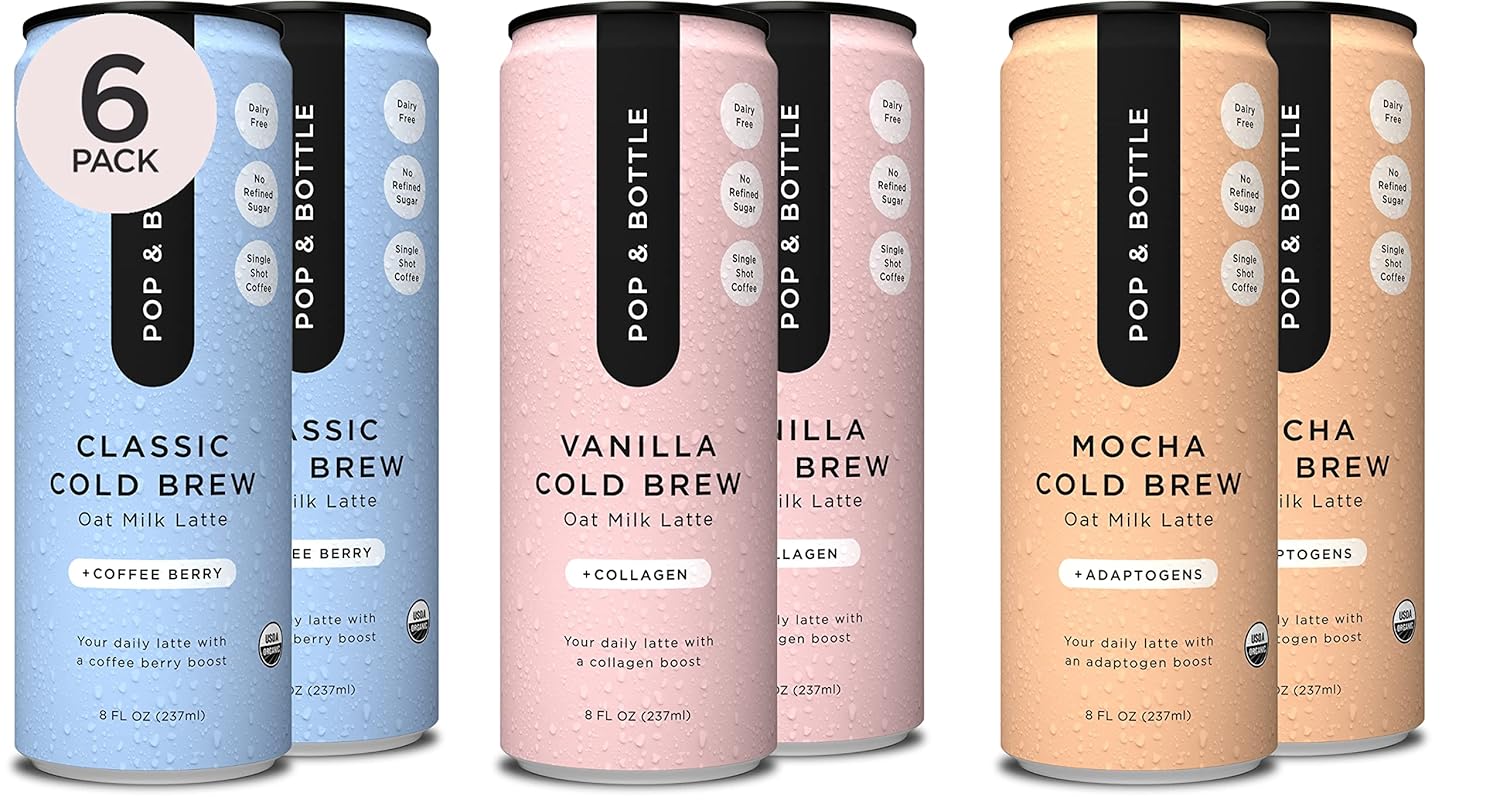 Pop & Bottle, Oat Milk Lattes - Cold Brew, Maca, Antioxidants, Ashwagandha, MCT Oil, Collagen, Organic, Diary Free, Gluten Free, Lightly Sweetened with Dates - Variety, 8 Fl Oz (6 Pack)