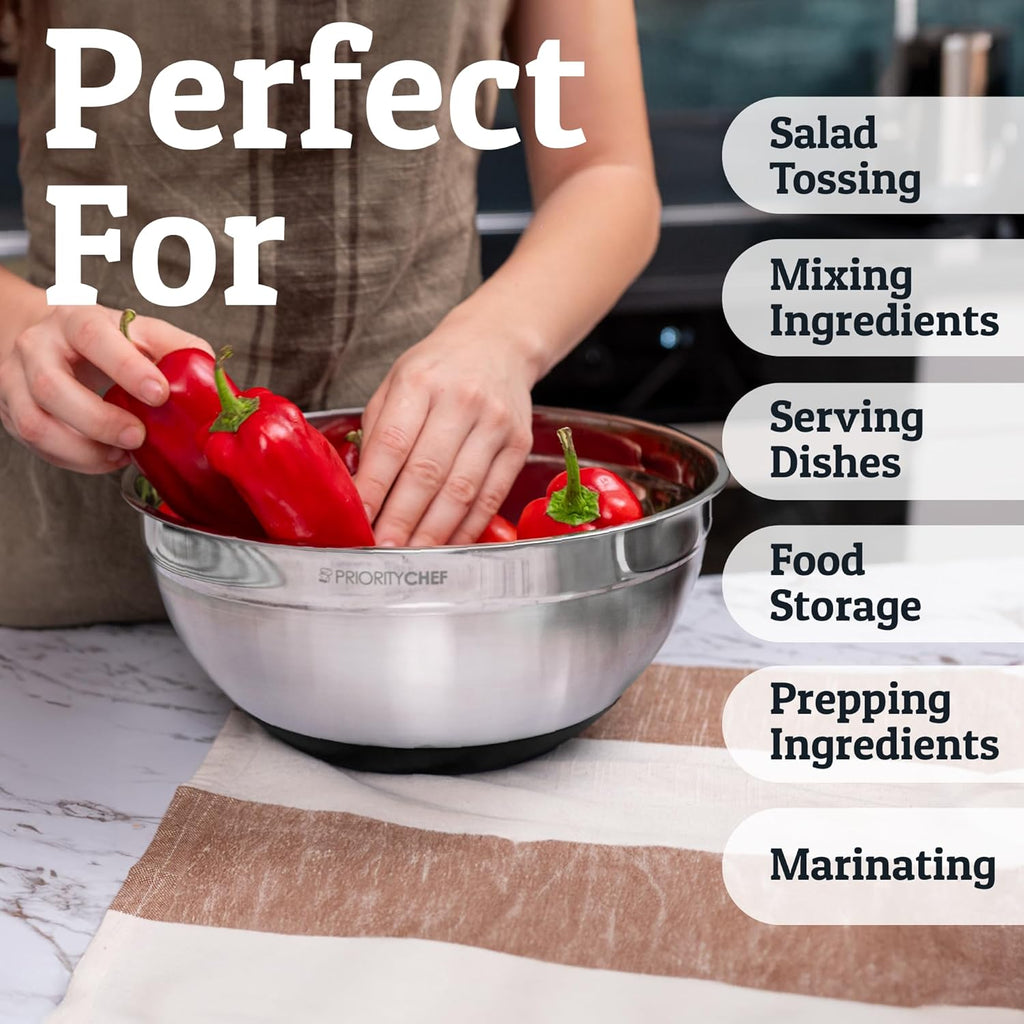 Priority Chef 6Pc Large Mixing Bowls With Lids Set with Non-Slip Bases, Stainless Steel Mixing Bowl Set, 6 Airtight Lids and 3 Graters, Black