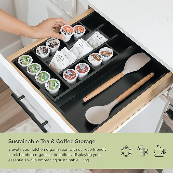 KitchenEdge Tea Bag and Coffee Pod Kitchen Drawer Organizer, Expandable 9.7 to 17 Inches, 10 Storage Compartments, Adjustable Wall Inserts, Non-Slip Feet, Food-Safe Black Finish, 100% Bamboo Wood