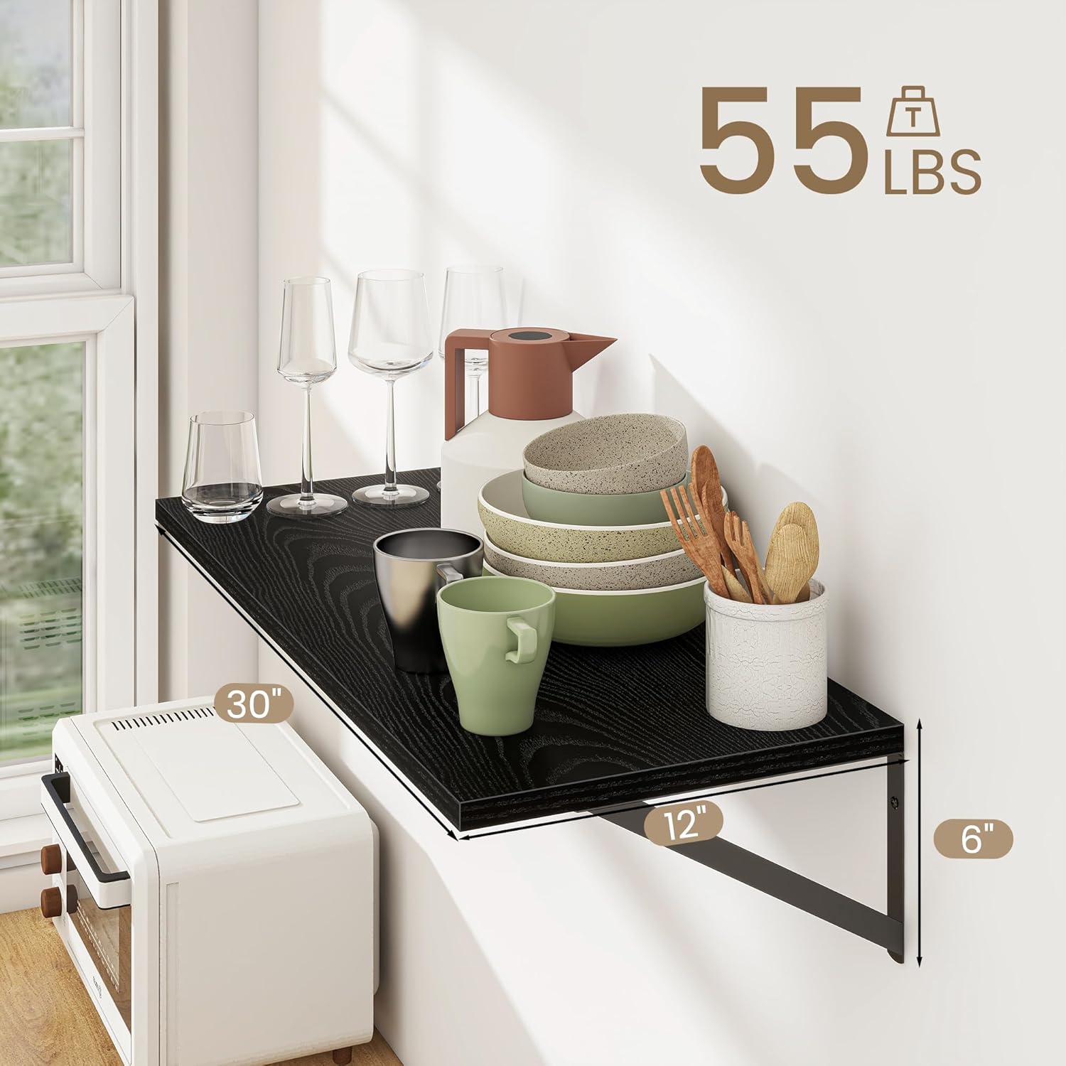 Dreamland Floating Shelves for Wall, 12 Inch Deep Floating Shelves Set of 2, 30W x 12D Large Wall Shelf with Sturdy Metal Brackets for Living Room, Bathroom, Bedroom and Kitchen, Black