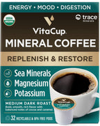 VitaCup Mineral Coffee Pods with Trace Minerals, Hydrate, Replenish & Restore, Sea Minerals, Electrolytes, Organic Coffee, Medium Dark Roast, Single Serve Pod Compatible with Keurig K-Cup Brewers,32Ct