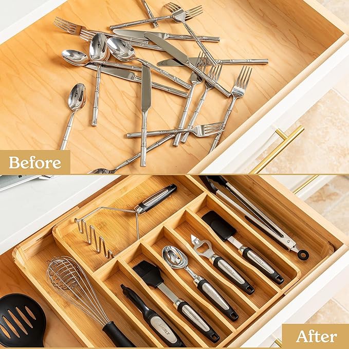 SMIRLY Silverware Drawer Organizer – Bamboo Kitchen Drawer Organizer, Adjustable Utensil Holder and Cutlery Tray, Drawer Dividers for Flatware and Kitchen Utensils