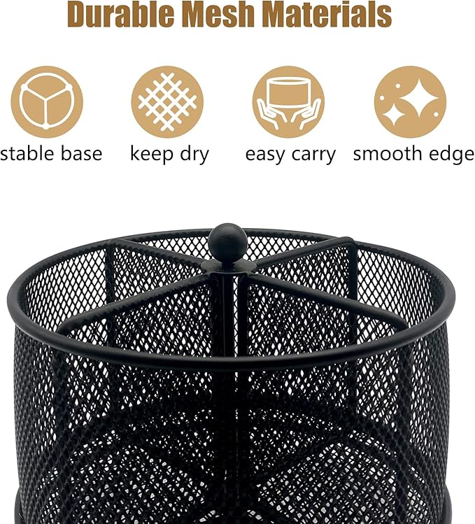 360° Rotating Metal Utensil Caddy - 4 Compartment Silverware Cutlery Holder Rotation Fork Spoon Napkin Organizer Flatware Storage Basket Party Countertop Buffet Picnic Camping Outdoor Black