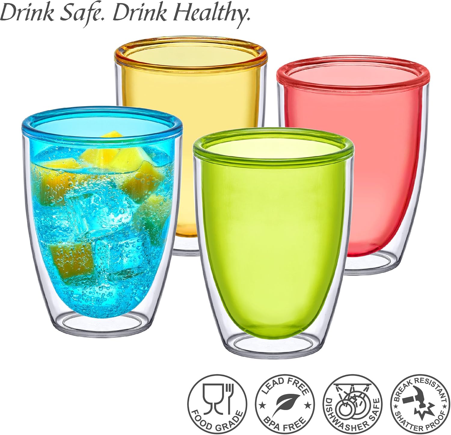 Amazing Abby - Andes - 12-Ounce Insulated Plastic Tumblers (Set of 4), Double-Wall Plastic Drinking Glasses, Mixed-Color Reusable Plastic Cups, BPA-Free, Shatter-Proof, Dishwasher-Safe