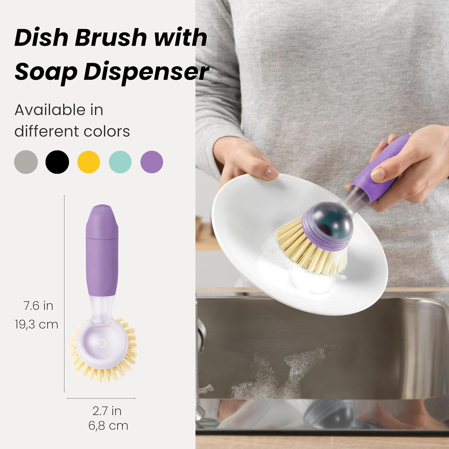 Vigar Rengo Soap Dispensing Dish Brush, Dish Brush with Soap Dispenser for Pot Scrubber, Dishes, Sink Cleaner, and Kitchen Essentials, Purple