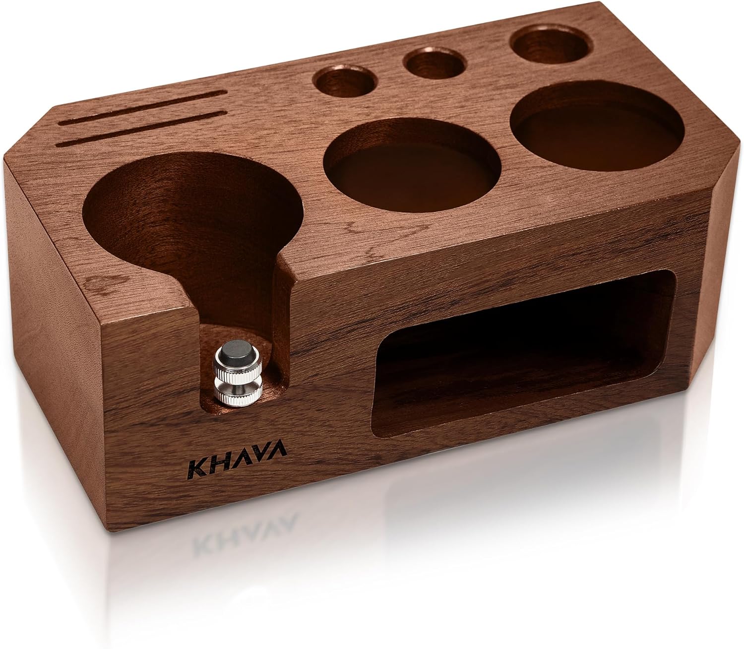 KHAVA Espresso Tamping Station | Wooden Coffee Tamper Station 51-54 mm | Espresso Organizer & Portafilter Holder | Coffee Station Organizer for Countertop | Espresso Accessories for Coffee Bar, Brown