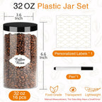Plastic Jars with Lids, 16 Pcs 32 OZ Large Plastic Storage Jars with Black Leakproof Lids Cylinder Plastic Storage Container Jar Reusable Clear Empty Jars for Home and Kitchen Organizing
