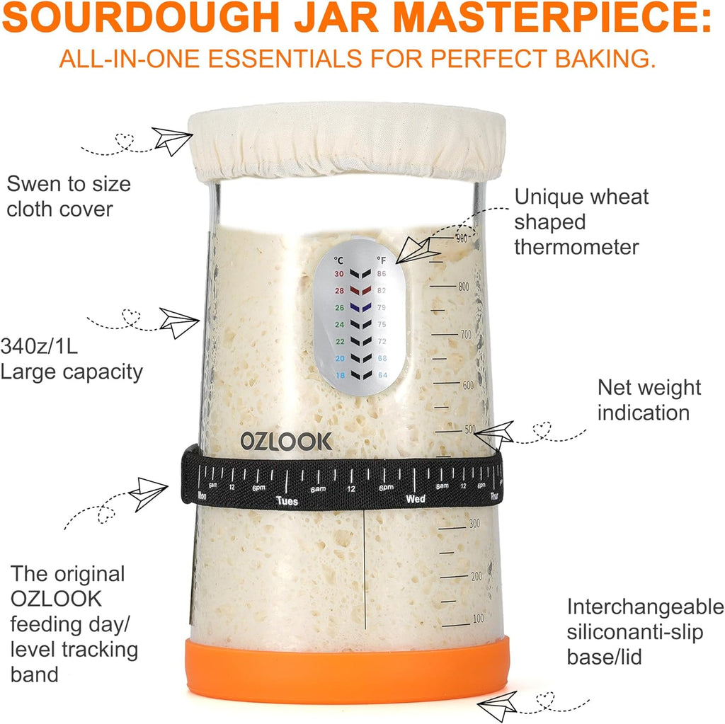 Sourdough Starter Kit,34oz Sourdough Starter Jar,2 X Cotton Rope Banneton Bread Proofing Basket with Bread Lame, Scraper,Sling, Dough Whisk,Perfect Gifts for Bakers Sourdough Bread Baking Supplies