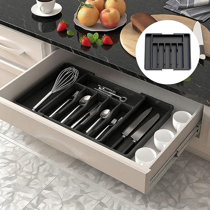 Silverware Drawer Organizer, Expandable Utensil Tray Adjustable from 13-22.4" Wide, BPA-Free Plastic Cutlery Holder with 8 Compartments, Black