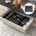 Silverware Drawer Organizer, Expandable Utensil Tray Adjustable from 13-22.4" Wide, BPA-Free Plastic Cutlery Holder with 8 Compartments, Black