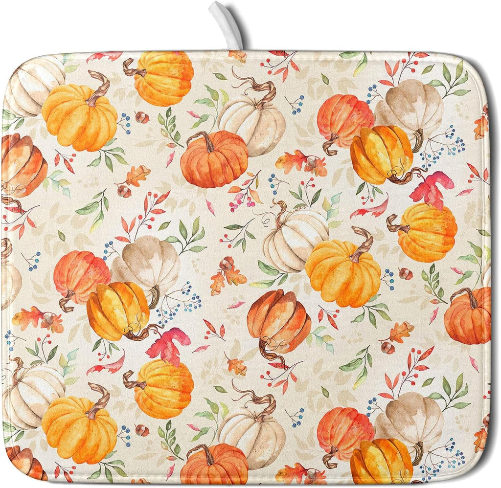 Autumn Fall Dish Drying Mat for Kitchen Counter Watercolor Pumpkin Maple Leaves Drying Mat 16 x 18 Inch with Absorbent Reversible Microfiber Dish Drying Pad Dish Rack Drainer Mat for Coffee Bar