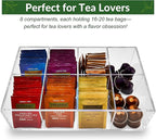 Acrylic Tea Bag Organizer - Clear Tea Storage Box, K Cup Coffee Pods Holder with 8 Compartments, Tea Station Organizer for Countertop, Modern Tea Display Stand
