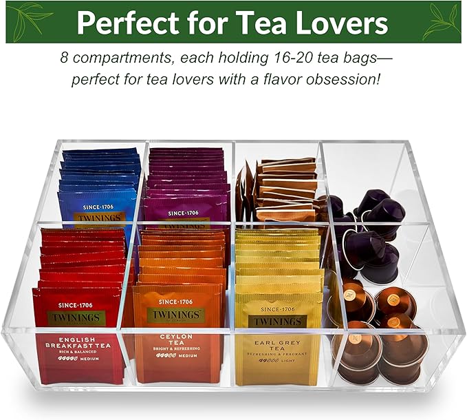 Acrylic Tea Bag Organizer - Clear Tea Storage Box, K Cup Coffee Pods Holder with 8 Compartments, Tea Station Organizer for Countertop, Modern Tea Display Stand