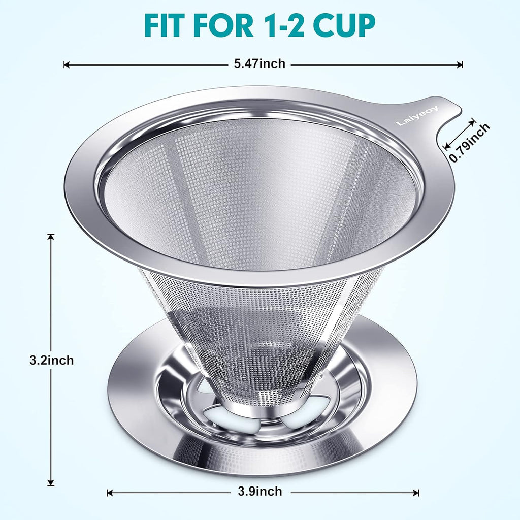 Pour Over Coffee Dripper, Slow Drip Paperless Coffee Filter, Stainless Steel Pour Over Coffee Maker for Single Cup Brew, Double Mesh Design of Manual Reusable Cone Filter.