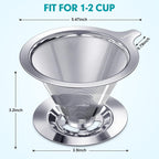 Pour Over Coffee Dripper, Slow Drip Paperless Coffee Filter, Stainless Steel Pour Over Coffee Maker for Single Cup Brew, Double Mesh Design of Manual Reusable Cone Filter.
