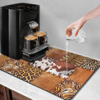 Arttown Coffee Mat for Countertops, Cow Tiger Leopard Patchwork Tribal Art Dish Drying Mat 2 Pcs for Kitchen Bar Accessories, Coffee Maker Espresso Machine Dish Rack Hide Stain Rubber 12x19in