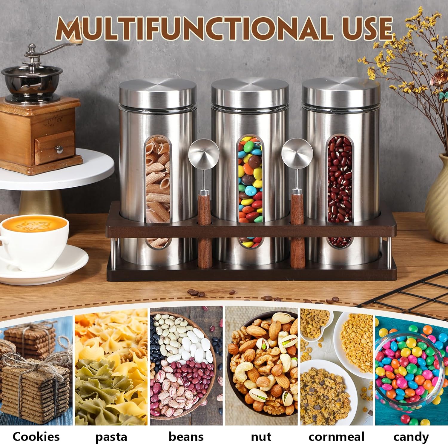 Suclain Stainless Steel Coffee Grounds Canisters with Shelf 3 x 50oz Sugar Coffee Bean Storage Container with Airtight Threaded Lid, Glass Window, Scoop Kitchen Storage Jar Set for Bar Creamer Nut Tea