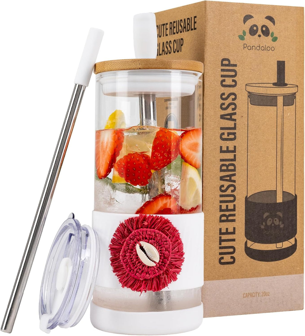 Pandaloo® Glass Cups With Lids and Straws -20 Fl Oz- Perfect Size Iced Coffee Cup - Smoothie Cup With Bamboo Lid and On the go Lid (Ethnic chic-Fabulous Fez, 1 Count (Pack of 1))