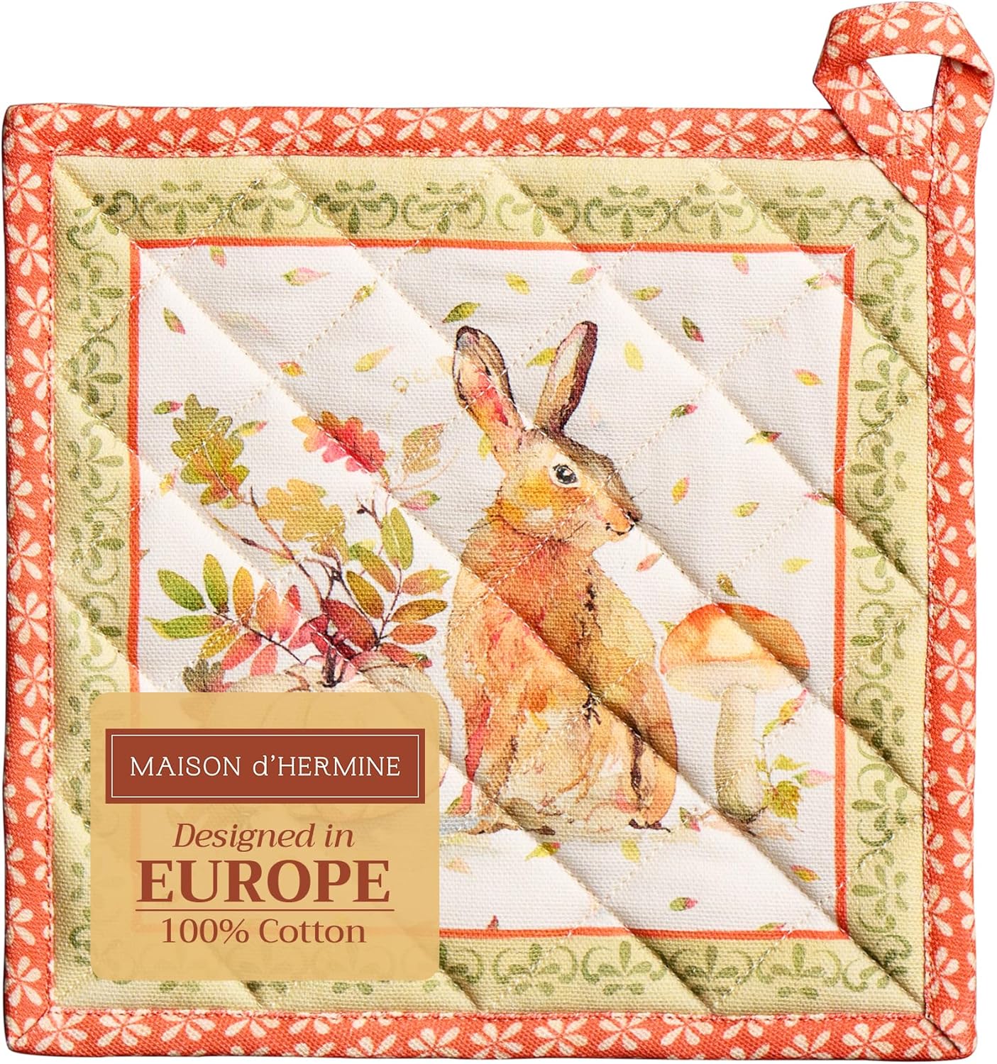 Maison d' Hermine Pot Holders 100% Cotton Heat Resistant Potholders 8" x 8" Hot Pads with Loop BBQ, Cooking, Baking, Grilling, Kitchen, Handling Hot Pans (Pack of 1, Pumpkin Passion)