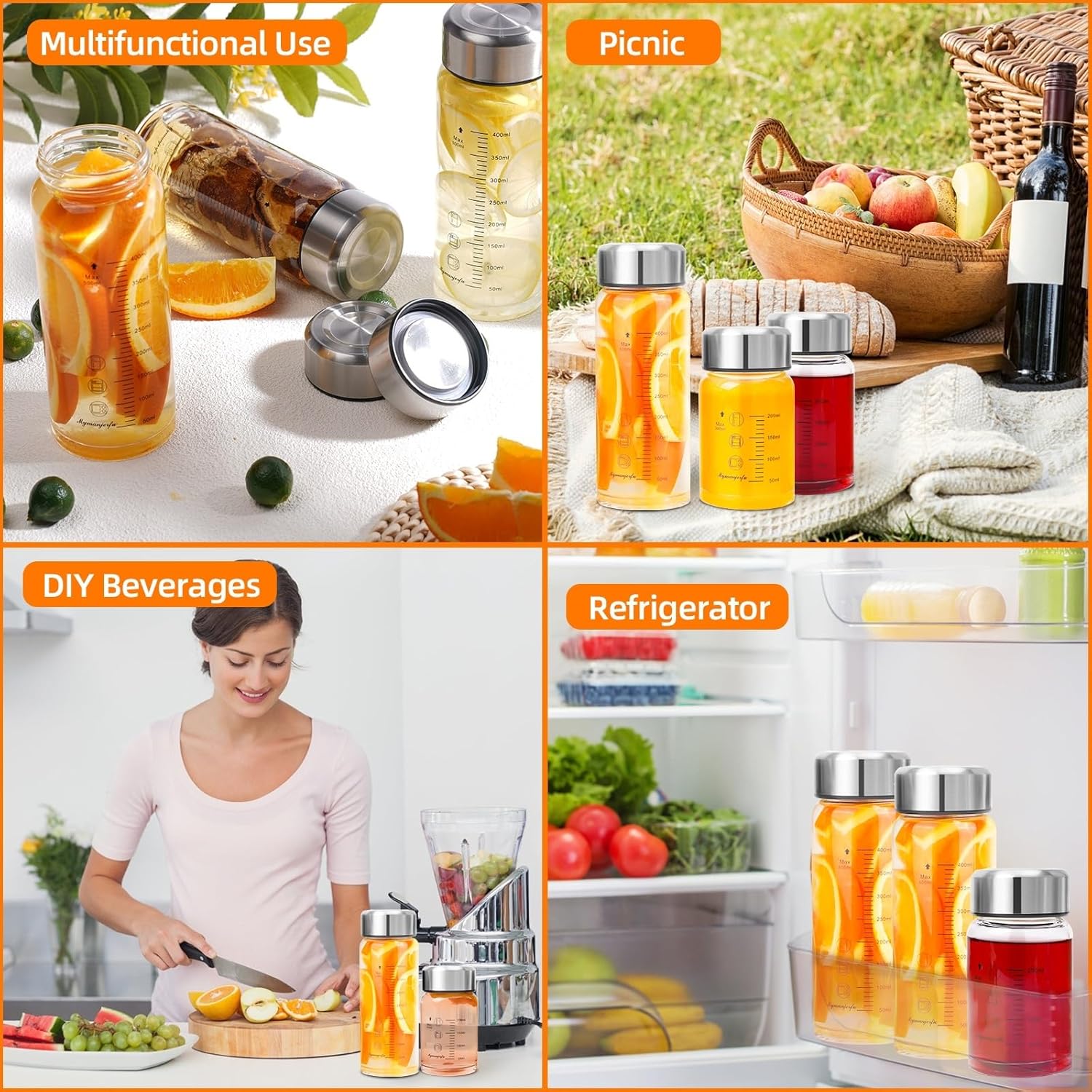 Glass Juice Bottles 6 Pack 16 oz - Wide Mouth Glass Water Bottles with Lids - for Juicing, Smoothies, Milk, Protein, BPA Free, Reusable, Stainless Steel Lids, Leak Proof, Shaker bottle (16oz/500ml)