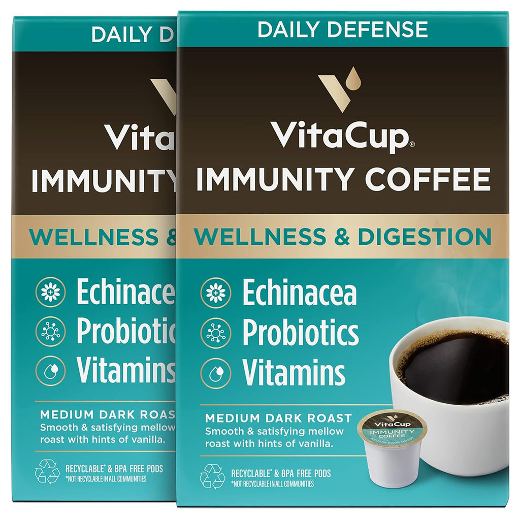 VitaCup Immunity Coffee Pods, Wellness Boost with Antioxidants, Echinacea, Probiotics, Vitamin C & D3, Medium Dark Roast, Recyclable Single Serve Pod Compatible with Keurig K-Cup Brewers,32 Ct