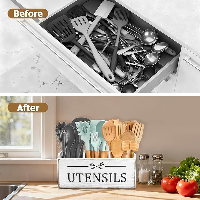 RedCall Wooden Kitchen Utensil Holder for Counter-top,Large Utensil Organizer for Storage Cooking Tool and Silverware,Extra Large Rustic Wood Container (Antique)