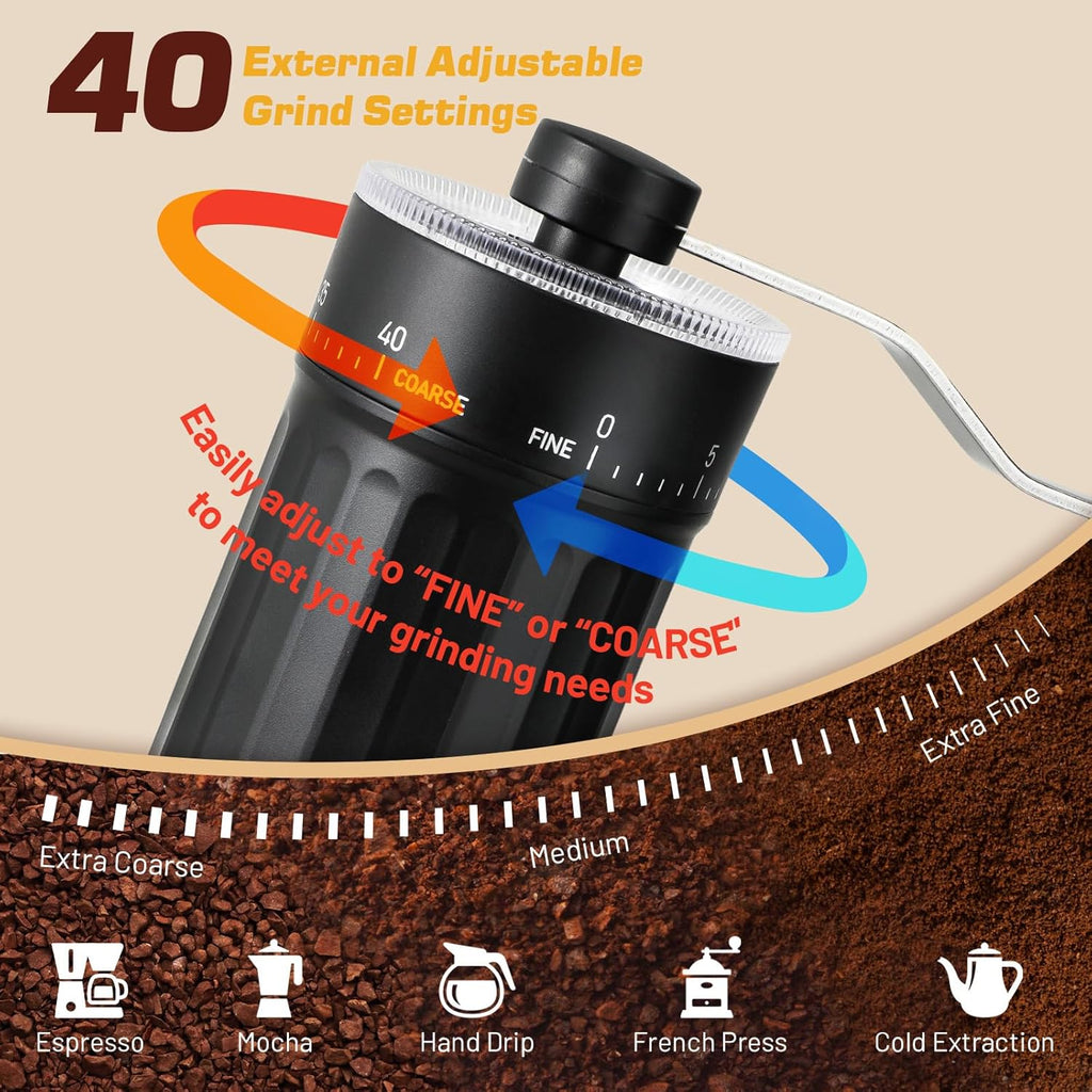 Manual Coffee Grinder, 25g Capacity Coffee Maker with 40 External Adjustable Settings, Conical Ceramic Burr Mill for Espresso Pour Over, Portable Espresso Grinder for Home Travel Camping Office