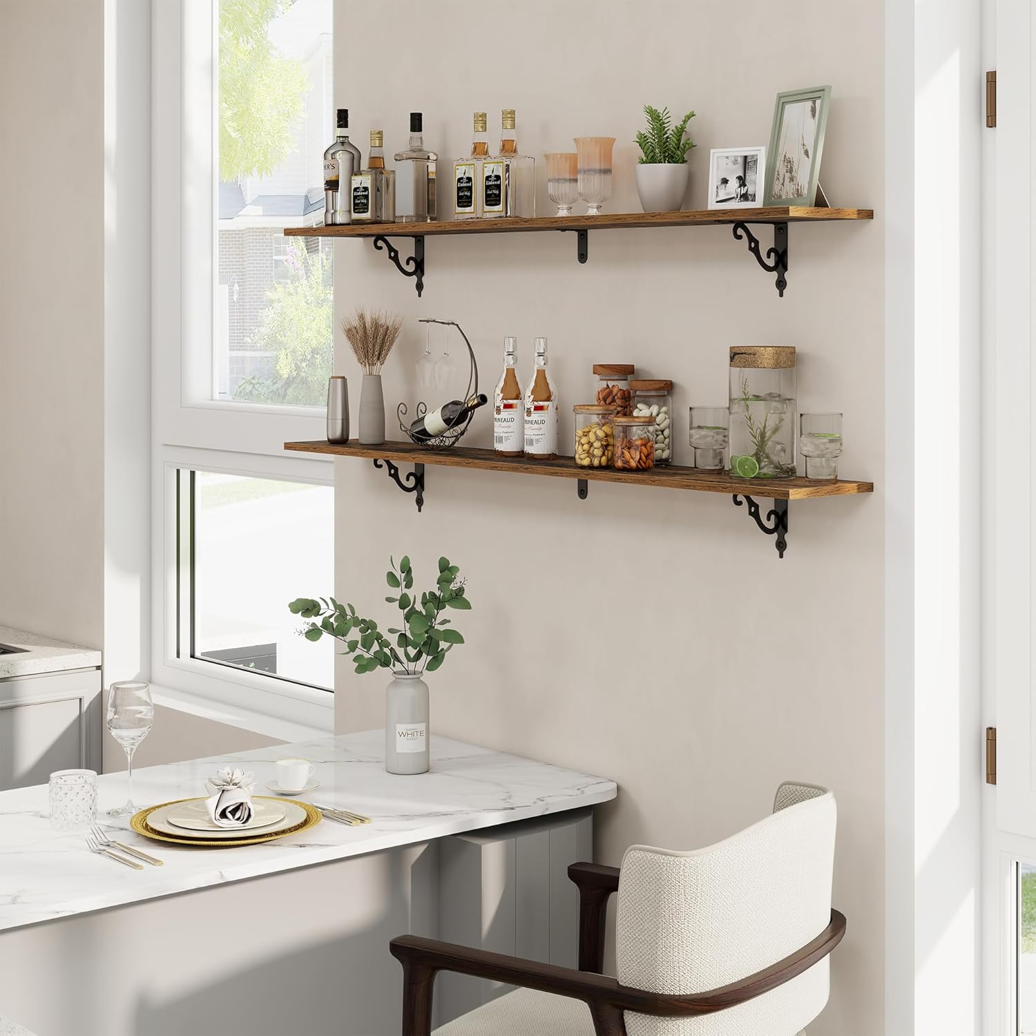 RICHFOCUS Floating Shelves for Wall Decor, 55.1W x 8D Wall Shelves Set of 2, 8 Inch Deep Rustic Wood Shelves Wall Mounted with Brackets, Long Shelves for Living Room Bedroom Kitchen, Rustic Brown