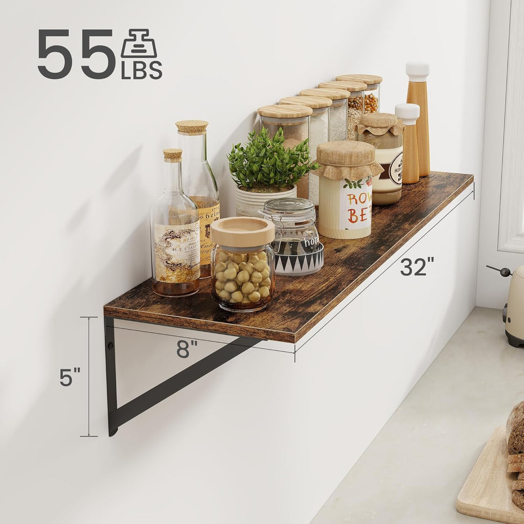 Heimlove Deep Floating Shelves for Wall, 32W x 8D Wood Wall Shelves Set of 2, Wide Floating Bookshelf for Living Room, Kitchen, Office, Bedroom and Decor Storage, with Metal Bracket - Rustic Brown