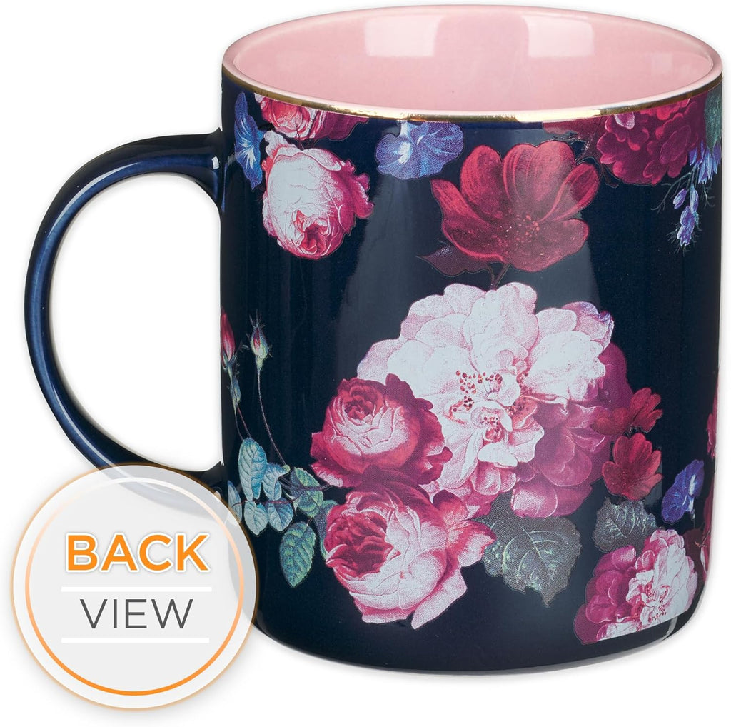 Christian Art Gifts Large Ceramic Inspirational Scripture Coffee & Tea Mug for Women: Be Still & Know Encouraging Gold Bible Verse, Lead/Cadmium Free Cute Drinkware, Dark Navy Blue/Pink Floral, 14 oz.