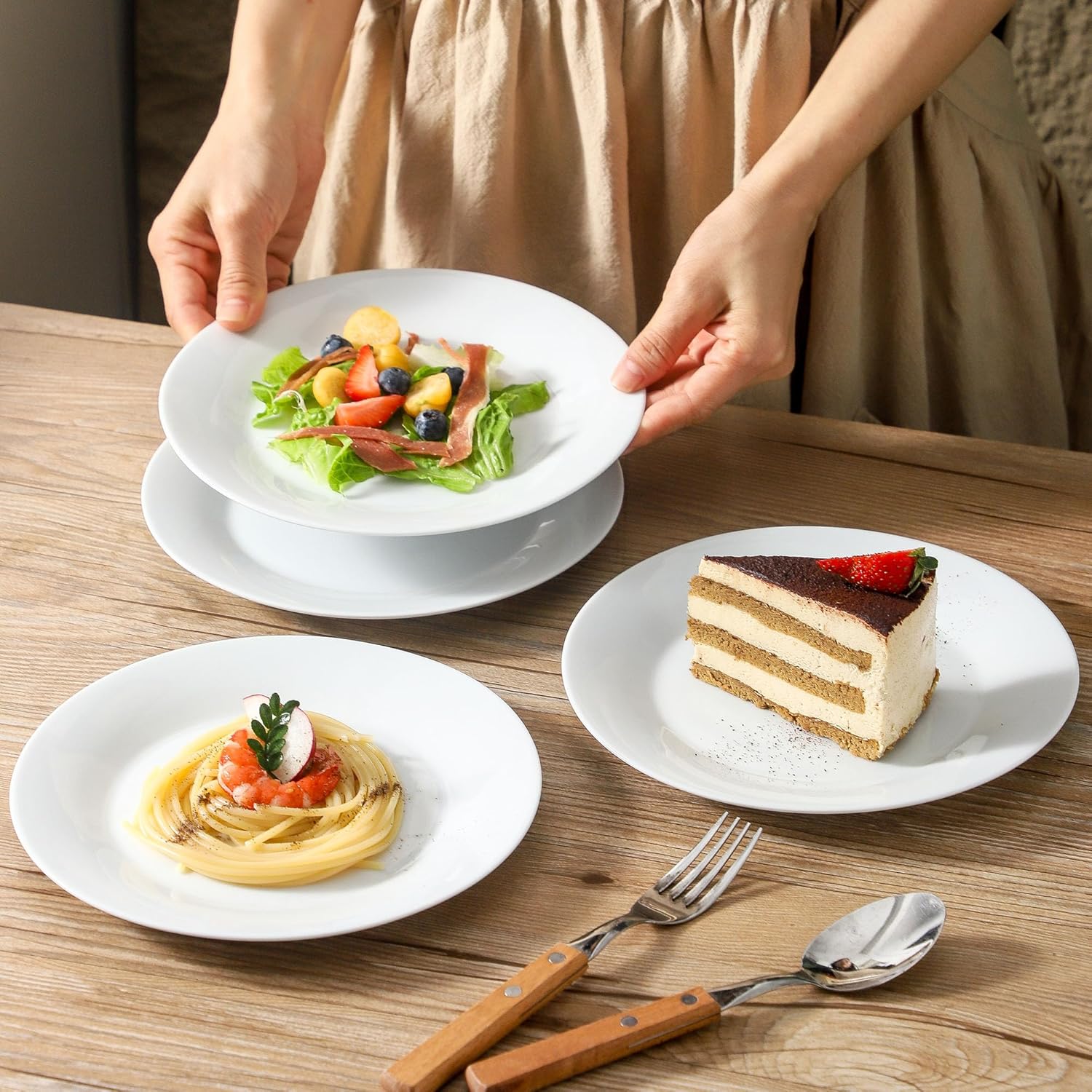 fMBB 4-Piece Salad Plates Set, 8 inch Ceramic Lightweight Round Plate Dessert Dish, Smooth Glaze - White Modern Dinnerware Set for Kitchen Serving