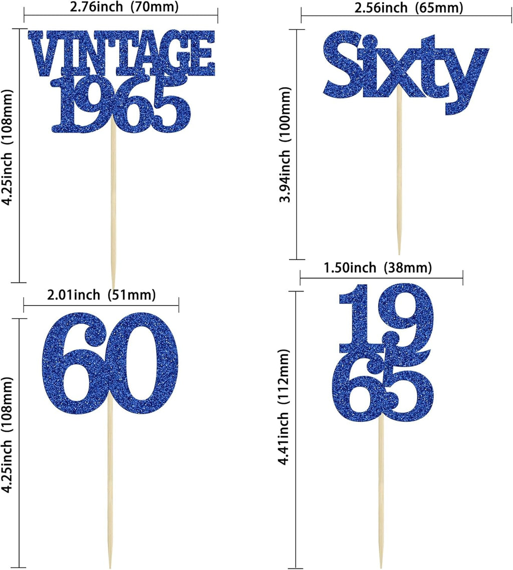 Gyufise 24Pcs Vintage 1965 Cupcake Toppers Cheers to 60 Fabulous Sixty Cupcake Picks Decorations for 60th Birthday Wedding Anniversary Party Cake Decorations Supplies Deep Blue