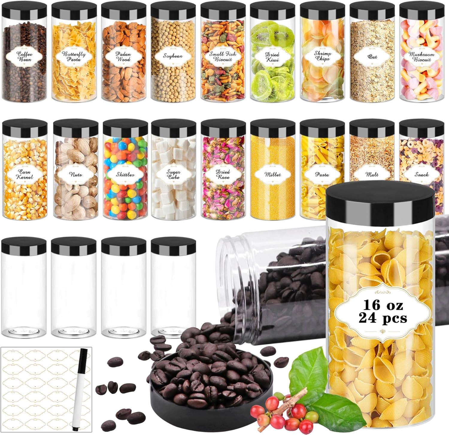 Plastic Jars with Lids 16 OZ, Plastic Jars 24 Pcs Slime Containers with Airtight Screw On Lids Leak Proof Clear Storage Containers Jar Empty for Kitchen & Household Food Storage