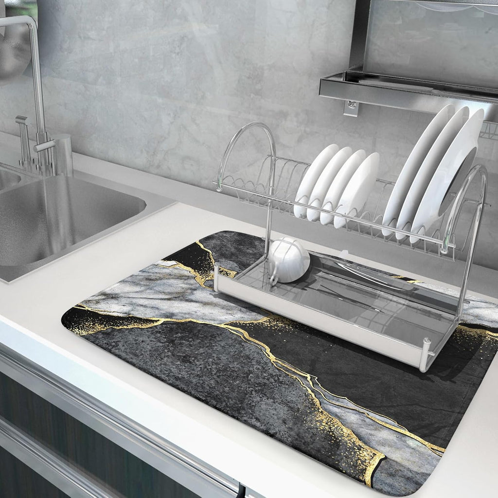 Giwawa Marble Dish Drying Mat for Kitchen Counter 18x24 inch Black Grey Gold Marbling Print Decorative Absorbent Dish Drying Pad Elegant Luxury Granite Stone Microfiber Large Drainer Rack