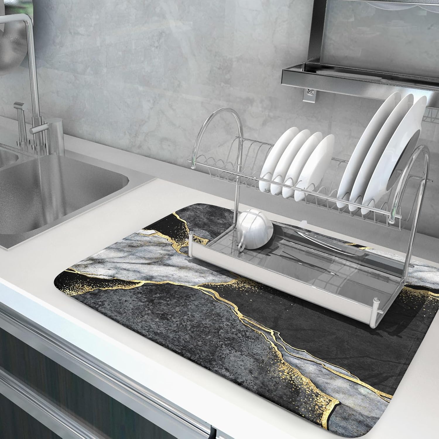 Giwawa Marble Dish Drying Mat for Kitchen Counter 18x24 inch Black Grey Gold Marbling Print Decorative Absorbent Dish Drying Pad Elegant Luxury Granite Stone Microfiber Large Drainer Rack