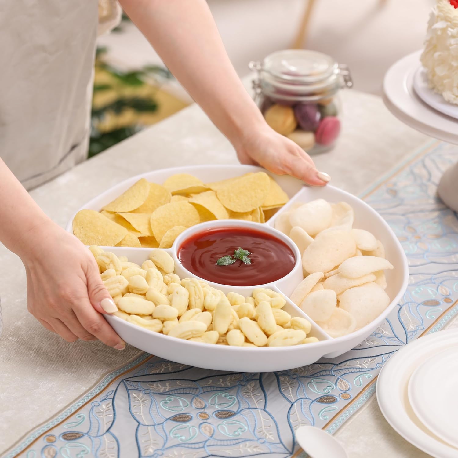 White Chip and Dip Serving Set, Divided Serving Platter Set, 4 Section Appetizers and Cheeses Serving Tray, Compartment Dishes for Party, Christmas, Dessert, Fruit, Candy, 13-inch, Set of 2