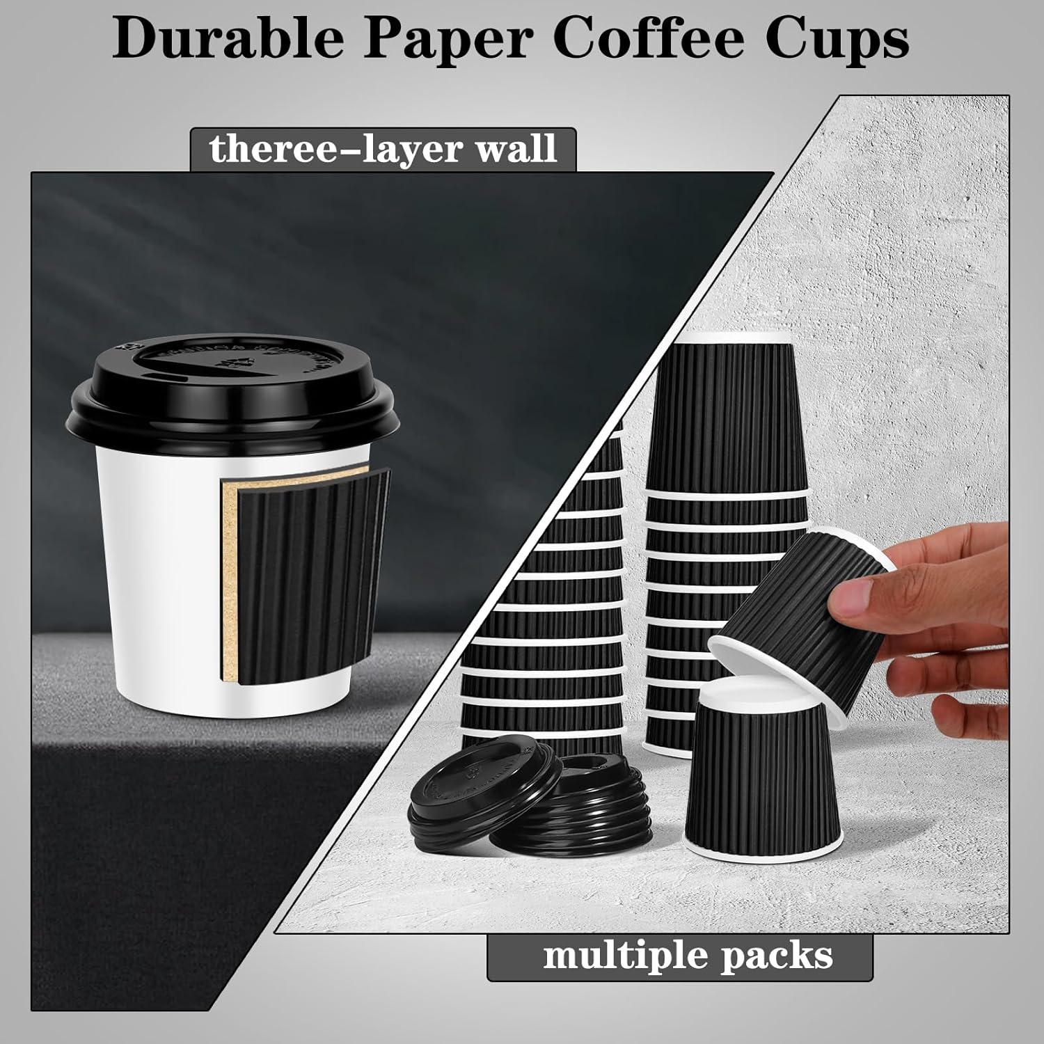 100 4oz Disposable Espresso Cups with Lids Ripple Corrugated Paper Disposable Coffee Cups Cups for Hot Chocolate, Tea, and Cocoa Drinks (Black)