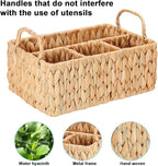 Wicker Party Silverware Caddy, Water Hyacinth Plastic Cutlery Utensil Holder, Hand Woven with Handles, Kitchen Countertop and Picnic flatware Organizer (4 compartments)